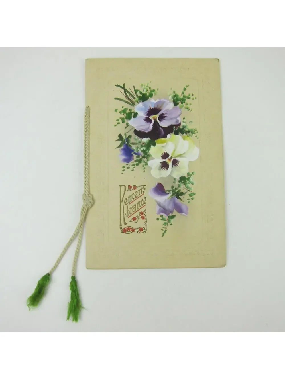 Victorian Christmas Card Remembrance Pansy Flowers Purple Embossed Booklet Style